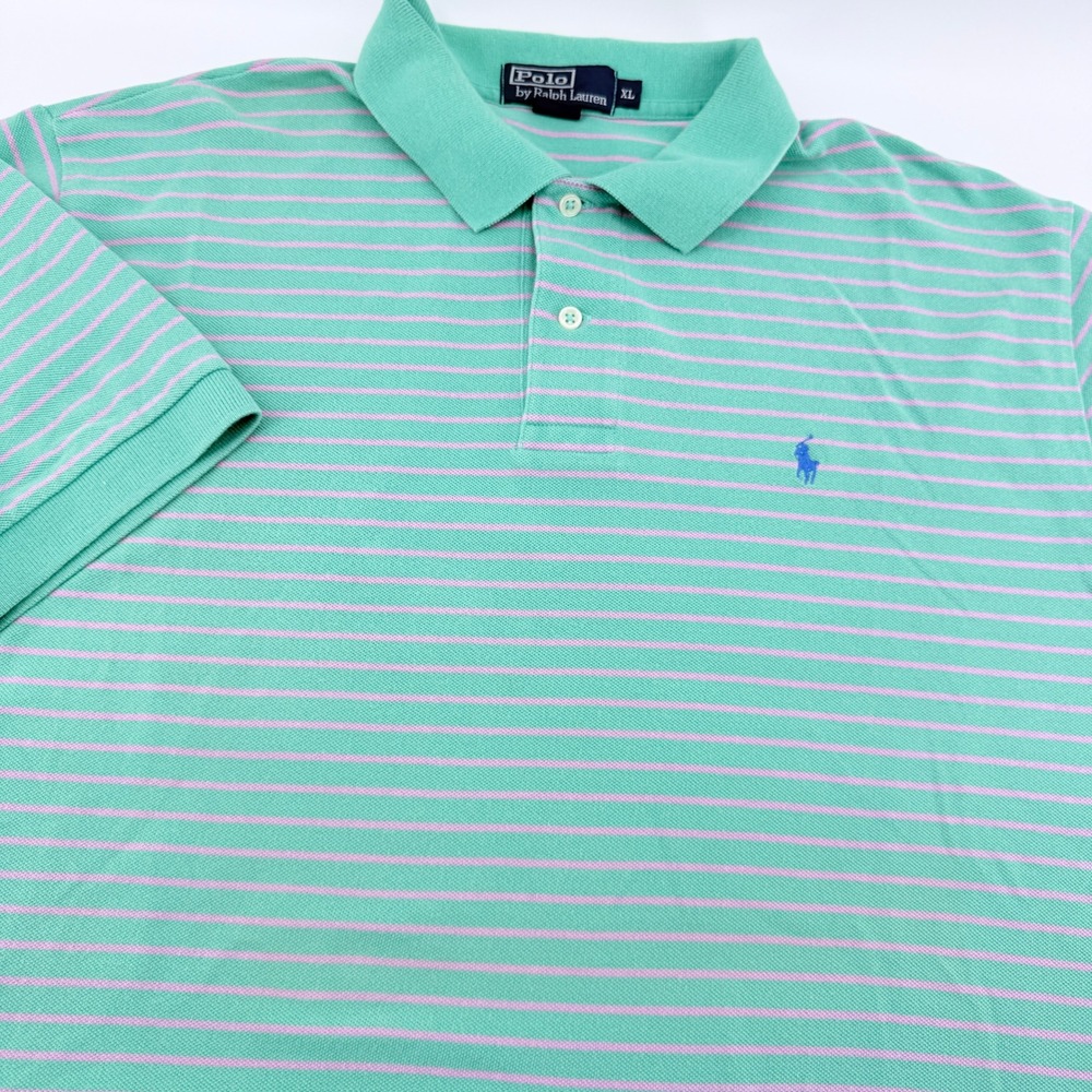 Polo Ralph Lauren Polo Shirt Men XL Green Pink Striped Short Sleeve Cotton Pique